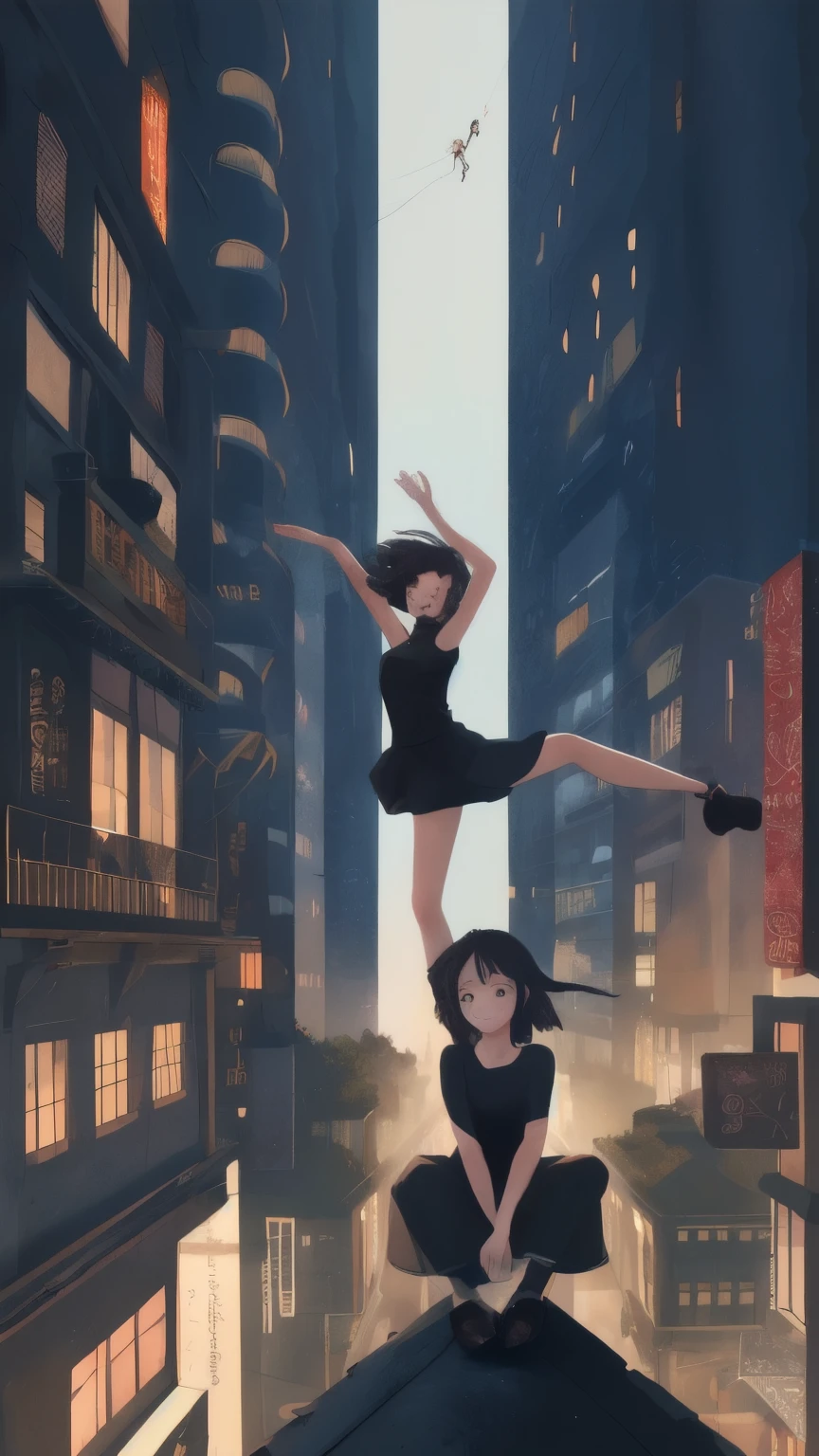 A girl in a black top sits on the edge of a skyscraper, by Ghibli Studio, city scenery, A detailed illustration, Official fine art, Kavasi style, graceful movements, nocturne, Composing music, wallpaper hd