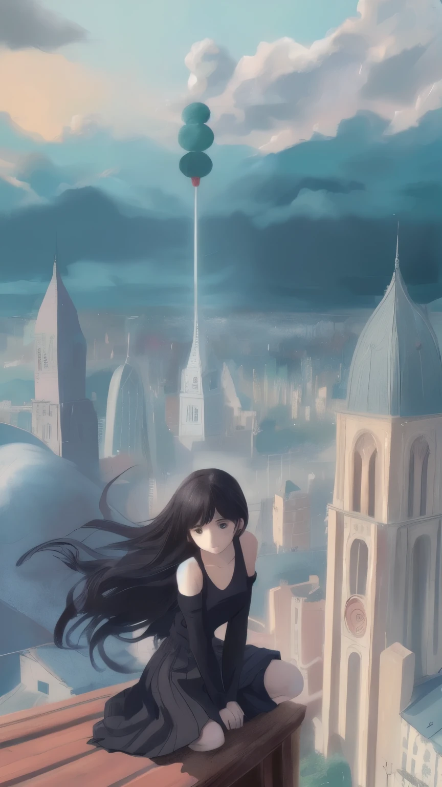 A girl in a black top sits on the edge of a skyscraper, by Ghibli Studio, city scenery, A detailed illustration, Official fine art, Kavasi style, graceful movements, nocturne, Composing music, wallpaper hd