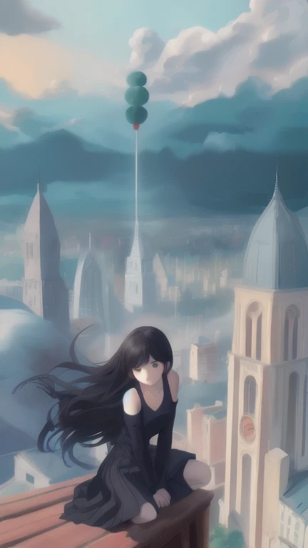 A girl in a black top sits on the edge of a skyscraper, by Ghibli Studio, city scenery, A detailed illustration, Official fine art, Kavasi style, graceful movements, nocturne, Composing music, wallpaper hd