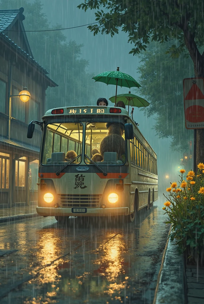 Totoro bus rainy day transfer
My Neighbor Totoro, Forest Station in the rain screen, Totoro bus holding a lotus leaf umbrella, The Kusakabe sisters are waiting at the platform, Raindrops flashing under the headlights, dandelions drift with the wind, Warm Hues, Watercolor smudge effect, --ar 1:1 --s 150
Detailed optimization:umbrella with glowing spores, w pavement reflections