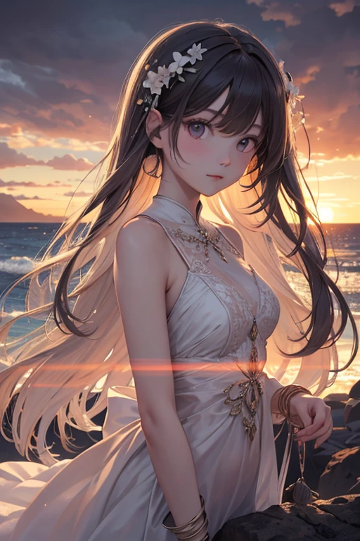 high quality,8k ultra high definition,美丽的Doubleexposure,Combining the silhouette of the goddess with the sunset coast, sunset coast should be used as the bottom background,Details are integrated into the silhouette of the goddess,Clear lines,The background is a monochromatic ,Focus sharp,Doubleexposure,Created by yukisakura,Gorgeous full color