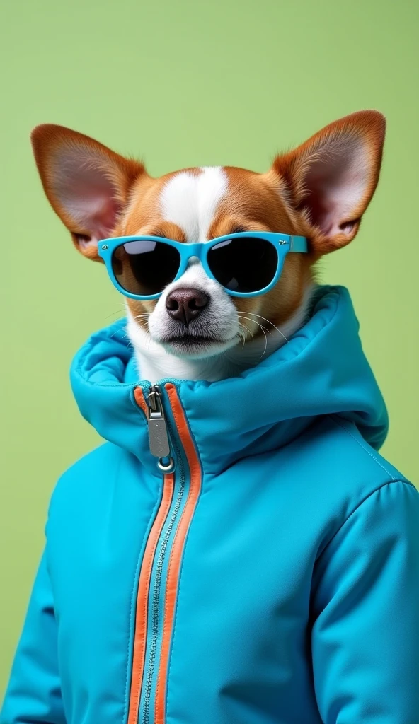 best mobile wallpaper,award - winning wallpaper,Photo photography,Front view of a cute dog,Dressed in mid-1960s space-age fashion,Side view photo,shot with Canon EOS R5,Set a strong contrast to make the subject stand out,Fluorescent blue,Wearing a very modern coat and sunglasses,It's a modern 1960s style,All clothes are one color,Beautiful background