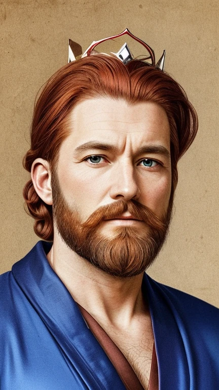 Wears a blue crown on his head、Aravd Man in a Blue Robe, Red-Haired and White-Haired Medieval King, redhead beard, Sparse beard, Age 50 years,  1 girl with short hair , Portrait of Emperor Humane, highly detailed character, high resolution drawing.