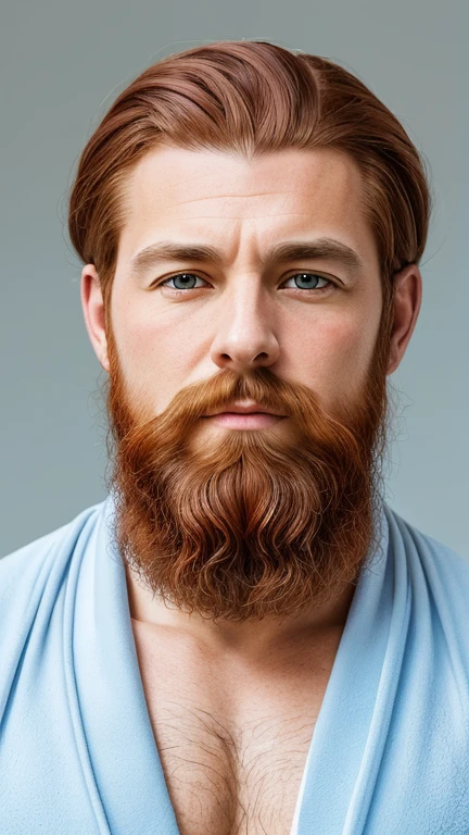 Wears a blue crown on his head、Aravd Man in a Blue Robe, Red-Haired and White-Haired Medieval King, redhead beard, Sparse beard, Age 50 years, 1 girl with short hair , Portrait of Emperor Humane, highly detailed character, high resolution drawing.
