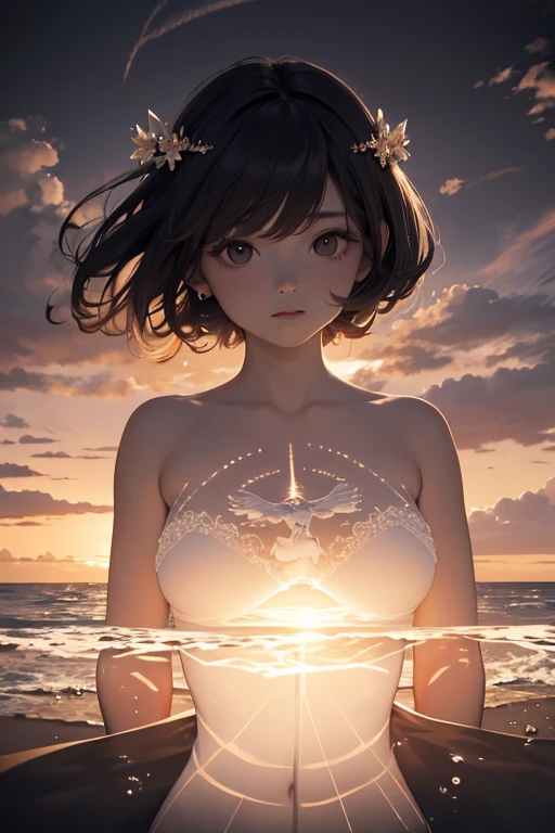 high quality,8k ultra high definition,美丽的Doubleexposure,Combining the silhouette of the goddess with the sunset coast,Sunset coast as a ground floor background,Details are integrated into the silhouette of the goddess,Clear lines,The background is a monochromatic ,Focus sharp,Doubleexposure,Created by yukisakura,Gorgeous full color