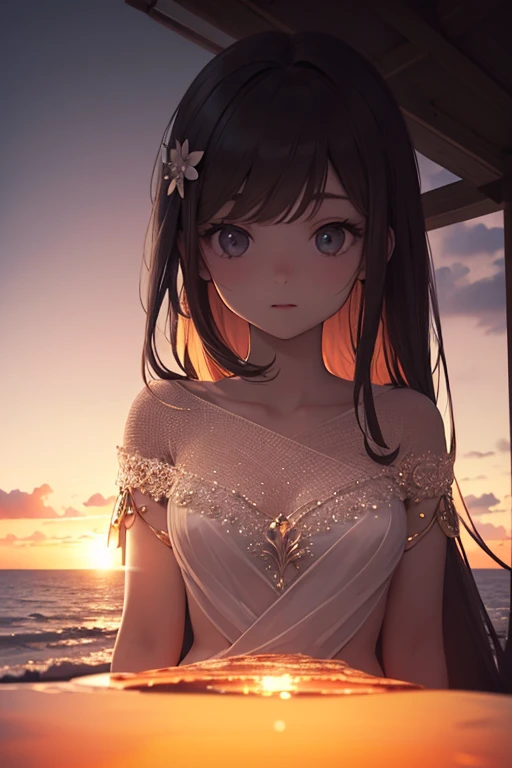 high quality,8k ultra high definition,美丽的Doubleexposure,Combining the silhouette of the goddess with the sunset coast,Sunset coast as a ground floor background,Details are integrated into the silhouette of the goddess,Clear lines,The background is a monochromatic ,Focus sharp,Doubleexposure,Created by yukisakura,Gorgeous full color