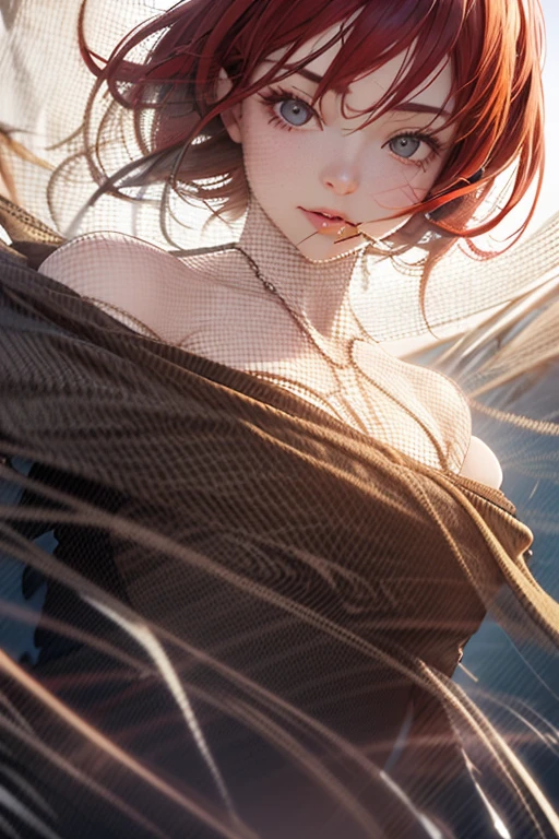 1. woman, In the mouth, armour, Red hair , Fighting posture, Photorealistic, Hyperrealistic, Super Detail, ogue style, hip is cocked, dignified, low chest, Delicate Skin, Matte skin, soft lighting, subsurface tering , realistic, Heavy shadows, Masterpiece , Best Quality, ultra realistic, 8 thousand, the golden ratio, intricate , High detail , cinematic photogtaphy , soft focus, blurry background