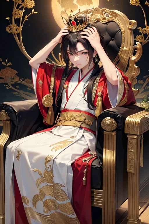 ( Perfect details : 1.5, 8k wallpaper, Masterpiece , Best Quality, Ultra-fine) of a guy, the emperor, delicate facial features, Asia face, with short black hair, Fine hair, tying hair, Gold embroidered dragon robe, hanfu, sitting on a dragon chair, hands on head, palace background, ancient golden the emperor crown