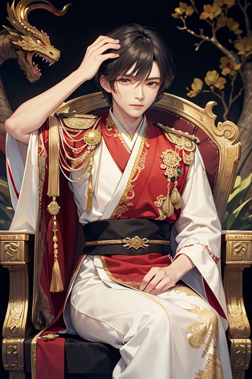 ( Perfect details : 1.5, 8k wallpaper, Masterpiece , Best Quality, Ultra-fine) of a guy, the emperor, delicate facial features, Asia face, with short black hair, Fine hair, tying hair, Gold embroidered dragon robe, hanfu, sitting on a dragon chair, hands on head, palace background, ancient golden the emperor crown