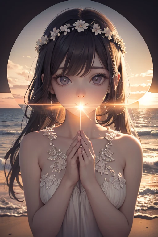 high quality,8k ultra high definition, Beautiful doubleexposure , Combine the silhouette of the goddess with the sunset coast, should use the sunset coast as the bottom background , details incorporated into the silhouette of the goddess , Clear lines ,The background is a monochromatic ,on focus,doubleexposure , created by Yukisakura , Gorgeous full color