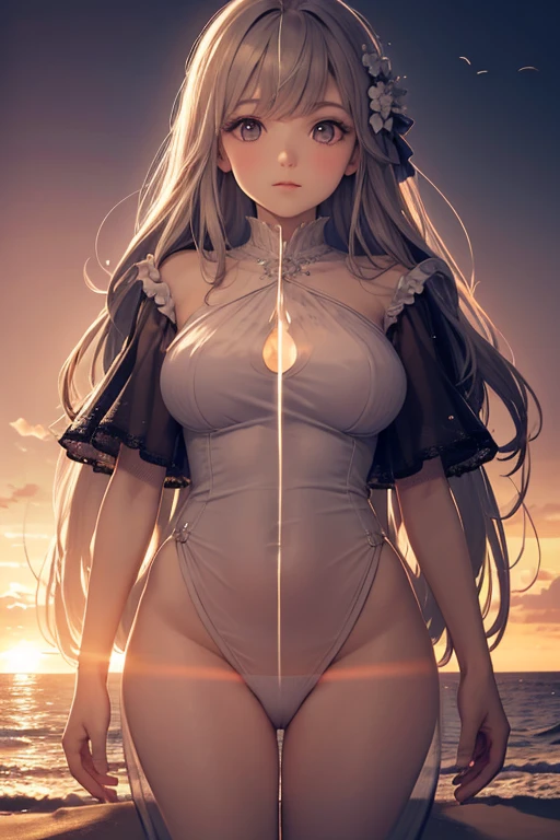 high quality,8k ultra high definition, Beautiful doubleexposure , Combine the silhouette of the goddess with the sunset coast, should use the sunset coast as the bottom background , details incorporated into the silhouette of the goddess , Clear lines ,The background is a monochromatic ,on focus,doubleexposure , created by Yukisakura , Gorgeous full color