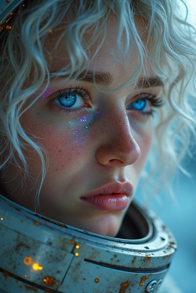 (Close-up of a masterpiece:1.5)0.9]，(Space and astronauts:1.2) (Messy silver hair:1.1) (Heterochromia yellow blue eyes:1.2) (Casque spatial:1.0) (Colorful stars in the eyes:1.0) (Dazzling light:1.1) (Thick lip:0.9)