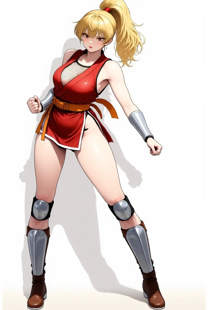 Roxanne Demin kin 1girl, solo, medium breasts, Body position: Standing, straight, symmetrical, barefoot, Lustful smile on face with red blush, fluffy ears, dog ears, blonde hair, bikini armor venus body