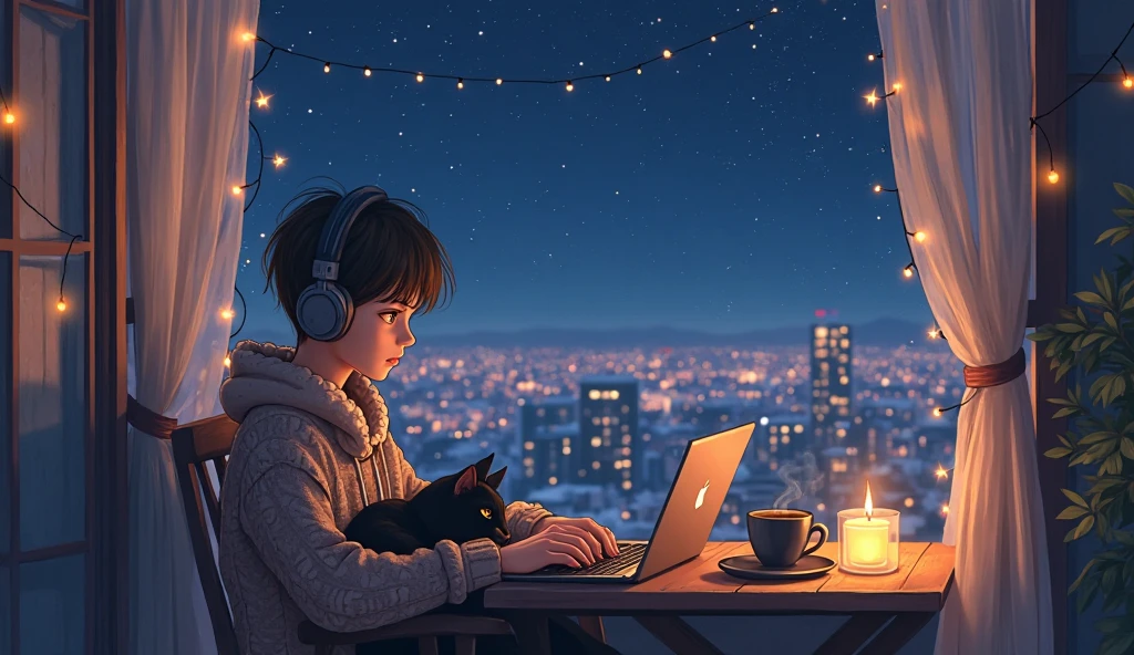 Anime-style boy wearing cozy knitwear and headphones, sitting on a small balcony with his laptop open, lost in thought. A fluffy black cat curls up beside him, purring softly. Fairy lights and tiny candles add a warm glow to the scene. The night sky is deep blue with twinkling stars, and the city skyline stretches far beyond, lights shimmering like tiny fireflies. A steaming cup of tea rests on the table, filling the air with a calming aroma. The entire scene is peaceful, nostalgic, and perfect for a Lo-Fi aesthetic.