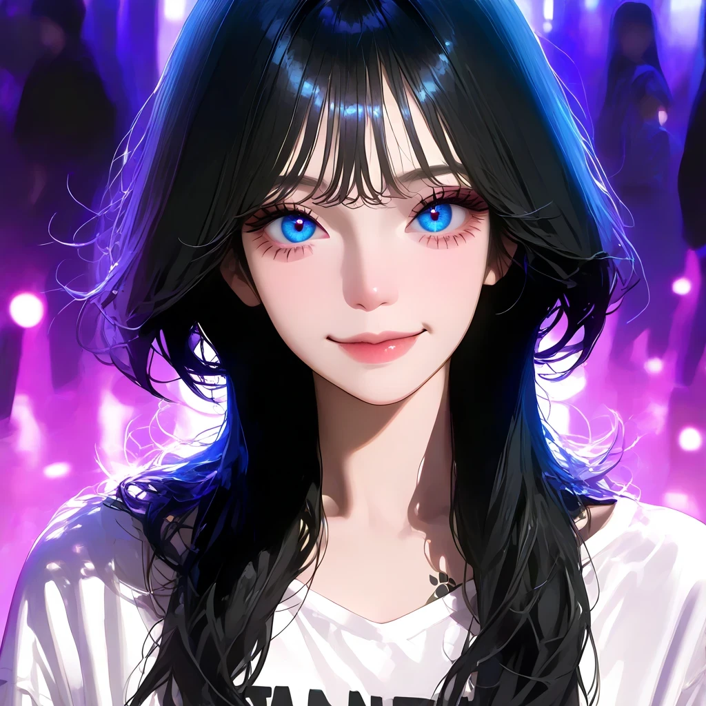 from front, full body, look at viewer, portrait of a 21-year-old woman , (big breasts:0.9), masterpiece, best quality, great quality, very beautiful, high resolution, newest, Super Detail, realism, (intermediate shot), girl, kind smile, tattoo, ((Gal style fashion))) ,( Blouse Stretched Downwards,loose tee), (( Wolf cut, long hair )), woman with black hair and blue eyes, Poses , fantasy theme, fanart, Amazing Purple Light Background, depth of field,
