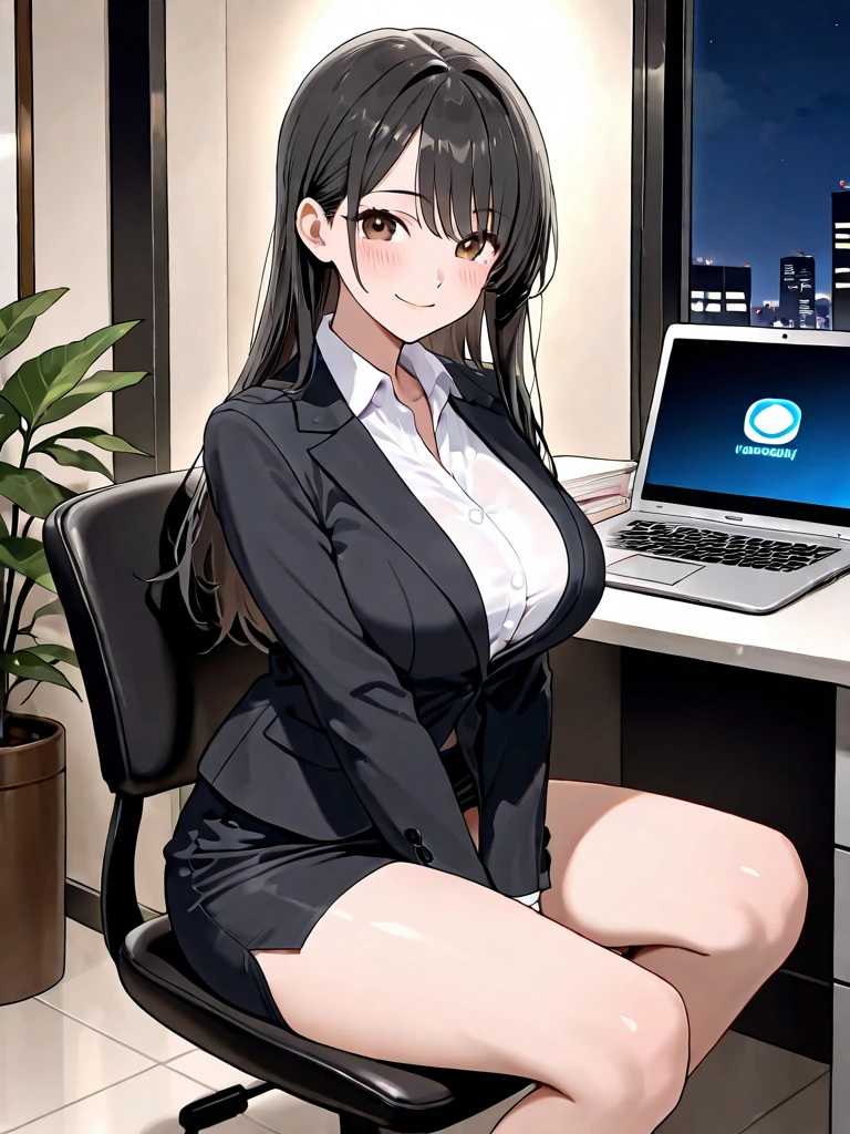 (Highest quality, 8K, 32k, masterpiece, Ultra-high resolution: 1.2), 1 Girl, Beautiful Japanese Woman, thinウエスト, (Gray suit), Open jacket, 魅力的なoffice Lady, suit, (Gray Tight Skirt), office, office, machine, Beautiful Face, Brown Hair, Bob Hair, Saggy eyes, Slender figure,Cleavage, thin, whole body, Detailed expression down to the fingertips,Sexy thighs, One Woman, alone, A charming smile,White panties,Peeking inside the skirt from below,Angle from below,Low - Angle