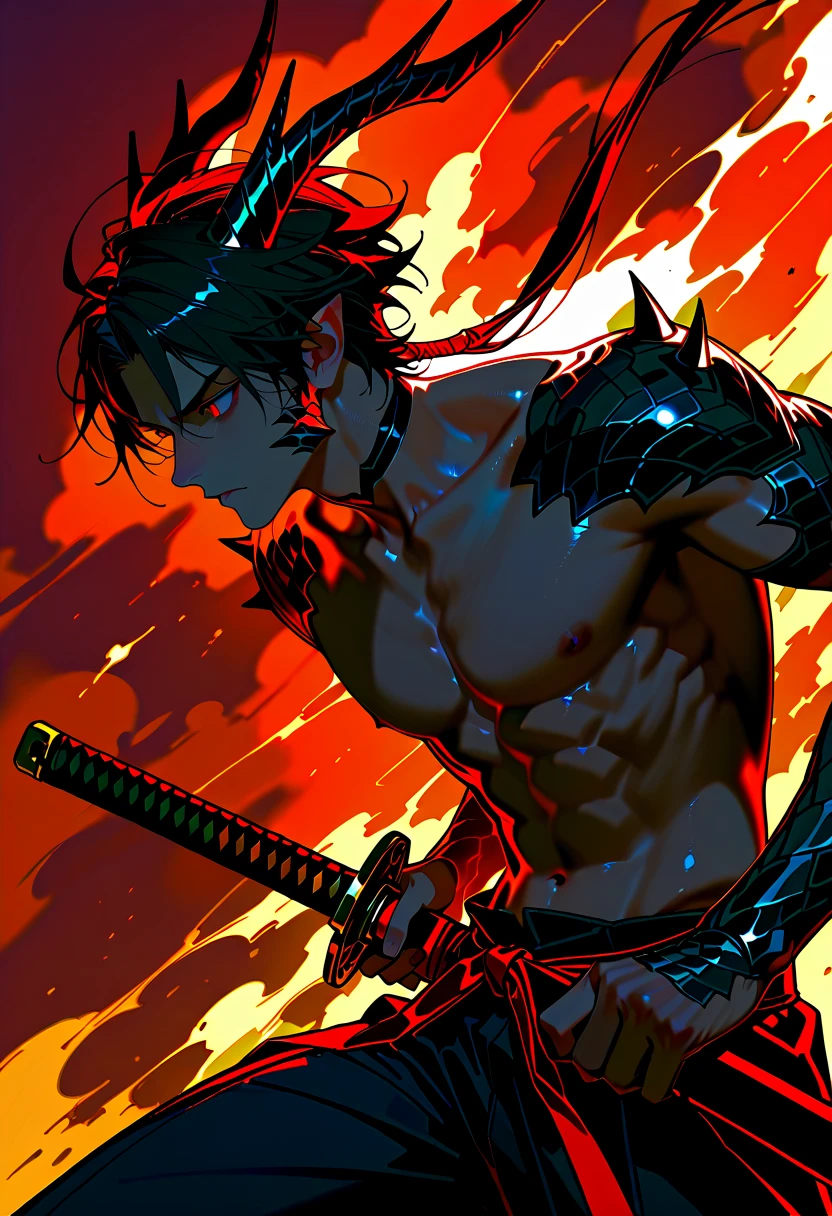 A hot-blooded boy with a strong sense of justice。Holding a Nichirin sword、Rin fighting demons々With a serious expression、In the landscape where the morning sun shines、Show a kind smile。The background is a bamboo forest and sunrise.、A powerful and hopeful atmosphere。