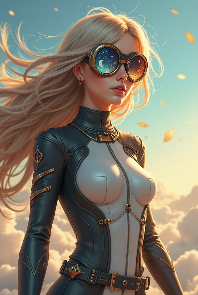 The seasonal female pilots  with magic stick is wearing glass sunglasses with stars and the moon on the glass