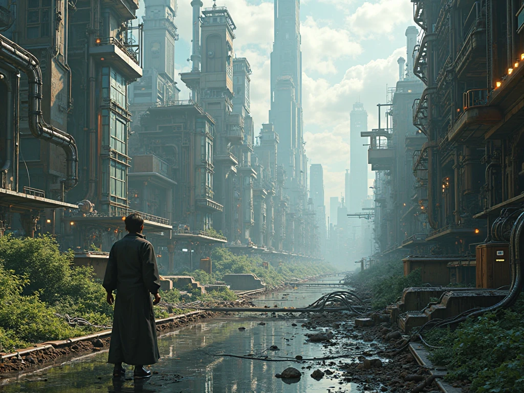 a place full of technology houses all of technology without people and in ruins
