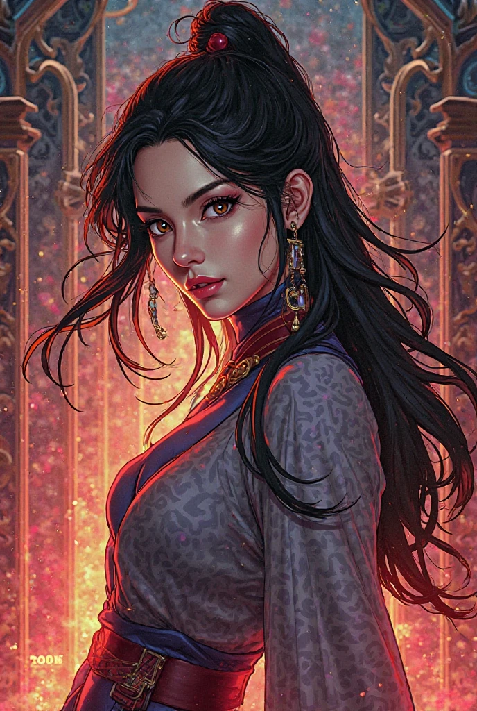 REALISTIC VISION 1.4, BETTER VAE, sharp focus, ultra detail, 32k, realistic photo, intricate details, (dark hair), orange eyes, intricate details, woman, intricate details, intricate details, Voluptuous body, intricate details, Miko, dark clothes long dress with red details intricate details, walking on the ground, orange aura