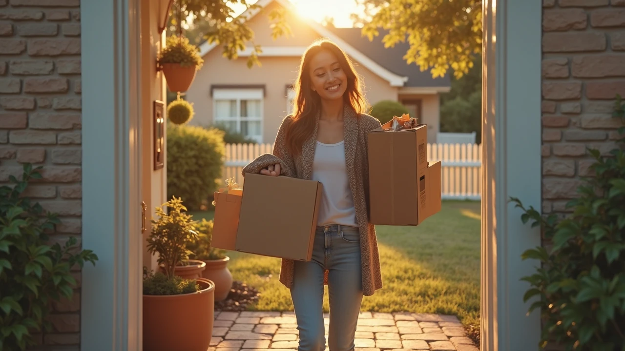 Believe me, a young woman leaving the house with boxes 
