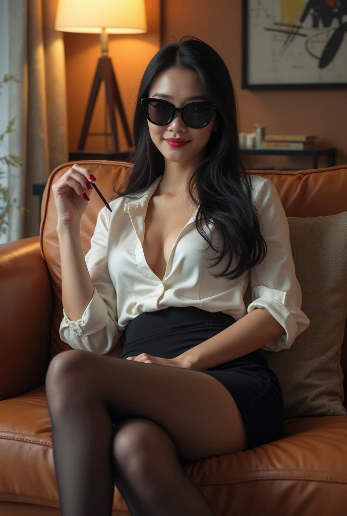woman with perfect face, sharp jawline, pale skin, wearing black srockings, high heels, black bra, pencil skirt, transparent white shirt, leather gloves, choker, glasses, dark hair, thick thighs sitting in chair with legs spread far apart, natural lighting, warm colors, living room setting