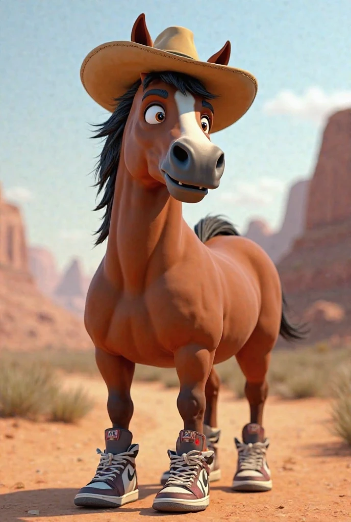 Create an animated horse with a cowboy hat and Jordan shoes on the wraps