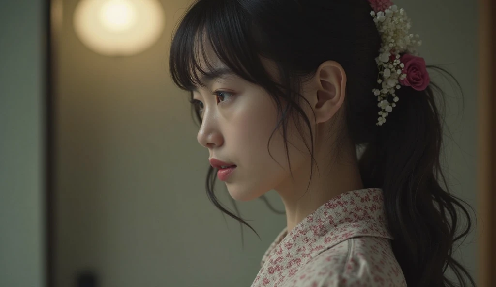 (8K)、(highest quality: 1.2)、(Real)、(Real: 1.4)、Ultra-high resolution、horror film、Dark world、Japan Edo Period、Japan in the 1400s、An 18-year-old girl in a kimono lying face-up on the ground、 perfect breast、close her eyes, 19-year-old daughter in pain、It gets dark like a storm is about to break out、A scene sleeping with close her eyes, full perfect body