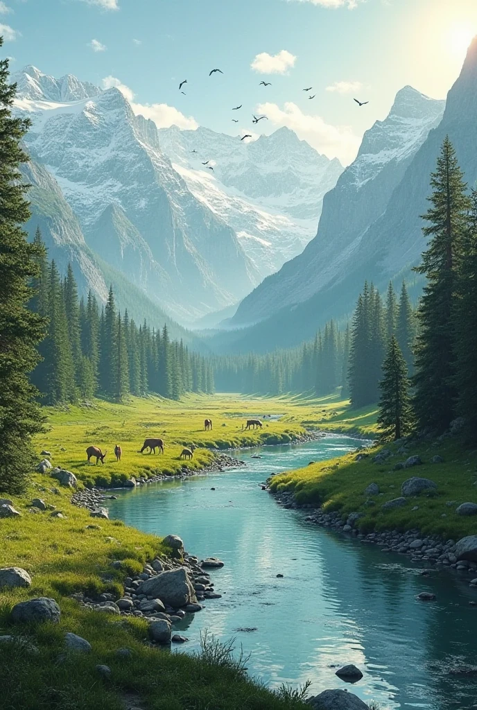 "A wide green valley surrounded by snow-covered mountains. A clear river extends between thick trees. The sky is clear with some light clouds, and the golden rays of the sun are reflected in the water, with deer grazing in the background and birds flying in the sky."
