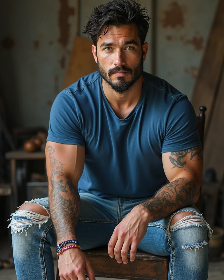 A photorealistic portrait of a insanely handsome young man, no shirts, very strong, short messy hair, chiseled and extremely tattooed sitting on a step next to a big fierce dog, a large door as the background, a colorized photo by Jesse Richards, instagram contest winner, maximalism, masculine, handsome, grotesque, photograph, detailed symmetric realistic face, extremely detailed natural texture, peach fuzz, long hair, masterpiece, absurdres, nikon d850 film stock photograph, kodak portra 400 camera f1.6 lens, extremely detailed, amazing, fine detail, hyper realistic lifelike texture, dramatic lighting, unrealengine, trending on artstation, cinestill 800 tungsten, looking at the viewer, photo realistic, RAW photo, TanvirTamim, high quality, highres, sharp focus, extremely detailed, cinematic lighting, 8k uhd,-imagine-