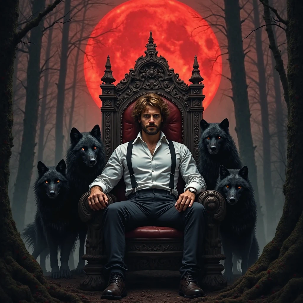 A man with short brown hair, Little beard dress up in white shirt suspender and black pants. Seated on a throne surrounded by black wolves. Derrière lui une lune rouge et une forêt 