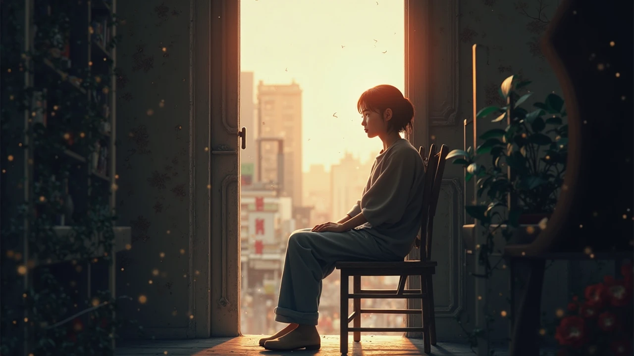 Nobuko sitting in a chair near the door, waiting, face tired but hopeful, Tokyo, 4K ultra-realistic.