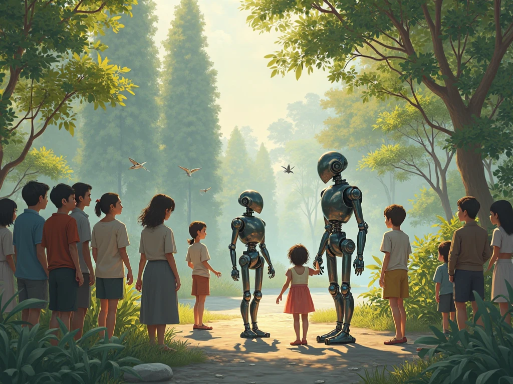 Create an image of people watching robots in harmony 