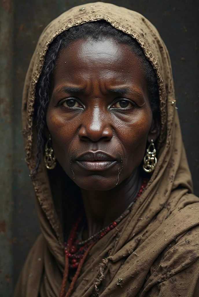 I need an African mother with a tear of compassion flowing down her face, wearing tattered clothes due to the hardships of life, with the inscription ramsey18.tz.