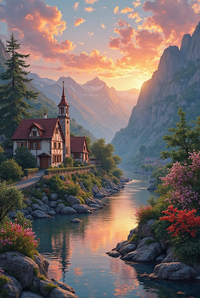 a small village by the river, mountains in the background, floral flowers colorful, detailed landscape, Beautiful natural landscapes, atmospheric lighting, scorching sunset, warm colours, practical, photopractical, Detailed Foliage, complex buildings, cobblestone street, Charming country house, swirly vibrant colors, lush vegetation, Still water reflections, Picturesque, idyllic, work of art, best qualityer, 8k, extremely detaild,anime styling