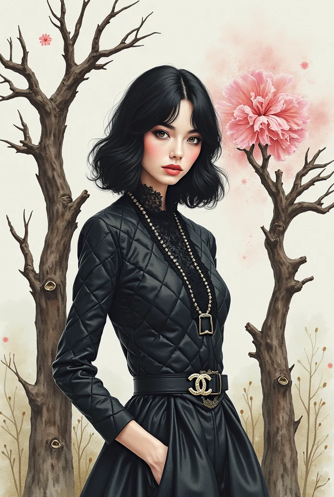 Handmade watercolor drawing of a woman, Black hair and Chanel standing in front of two dead trees with one of them bearing just a bright cherry blossom