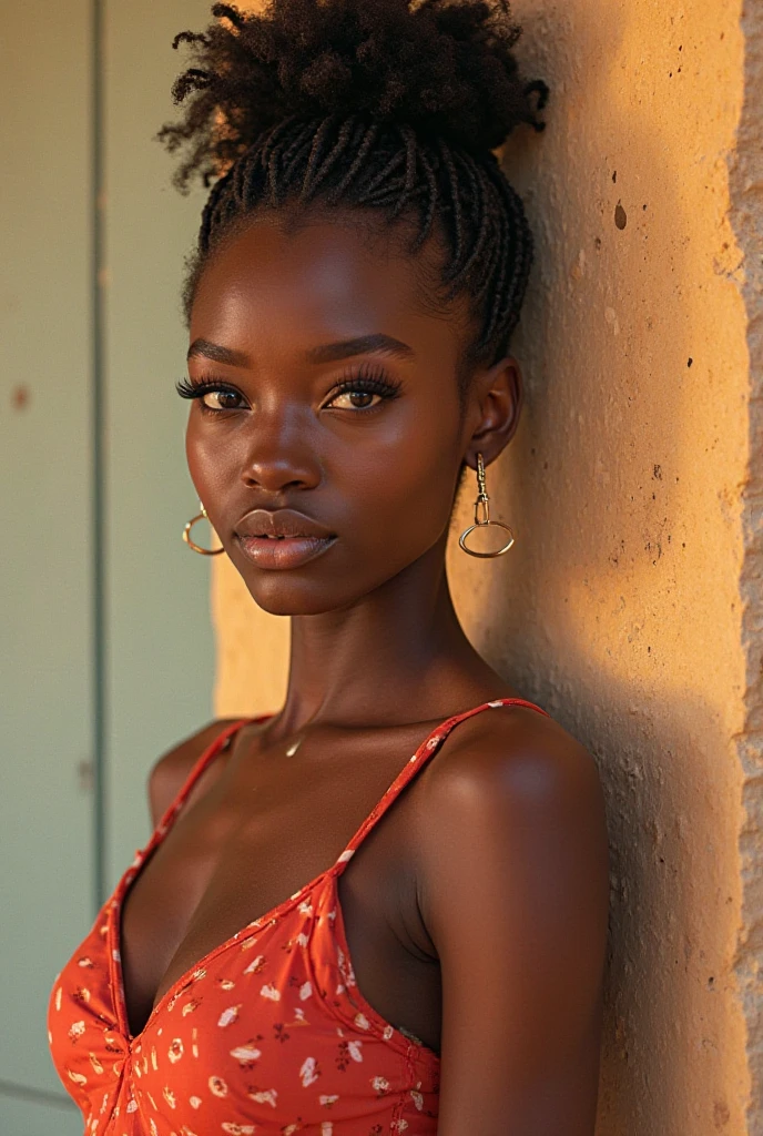((Dark African skin, Very deep ebony skin)), ((Its beauty is undeniable)), ((Excited cute face)), ((Hyper detailed perfect eyes,)), ((pose mignonne)), ((Langue sortie)), ((Seductive )), sexy, (( Tight mesh shirt, shorts courts sexy)), ((Afro ponytail with long African curly hair,)), (( peau)), (( gros seins )), ((debout, vue de face)), ((toucher ses propres jambes dans une pose sexy)), ((dehors, Ville publique)), Sharp Focus CGI, photoreallistic, High detail, Realstic, Masterpiece, absurdes, Best quality, Hdr, High quality, high-definition, Extremely detailed, 8k wallpaper, Intricate details, 8K UHD, Full-HD, (photo realist:1.2), contraste, intense illumination, lighting cinematic, natural lighting, hard light, contre-jour, Illumination globale, occlusion ambiante, bare ebony spread to show dirty, Workwear, Elegant, respectueuse, with red lipstick.