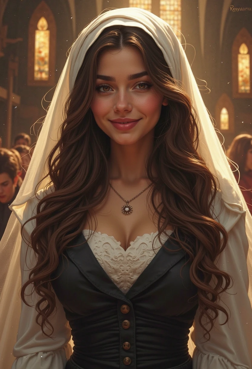 Beautiful Women. Long Beautiful Frizzy Hair Drapped Down Shoulder In Perfect Ringlets. Mantilla Headscarf. Stunning Conservative Catholic Dress. Gorgeous Thick Eyebrows, Detailed Beautiful Eyes, Gorgeous Smile, Hour Glass Figure, Large Bust Ultra-Realistic. Catholic Mass. Excitement, Official Art, Award Winning Digital Painting, Digital Illustration, Extreme Detail, 4k, Ultra Hd, Rococo, Polished, Intricate, Realistic Fantasy Art, Sharp Focus, Concept Art, Art By Wlop, Artgerm, (2d Vector Illustration) Light, Airy, Hopeful. Stunning Combination Of Ariel Winter And Vanessa Marano.

