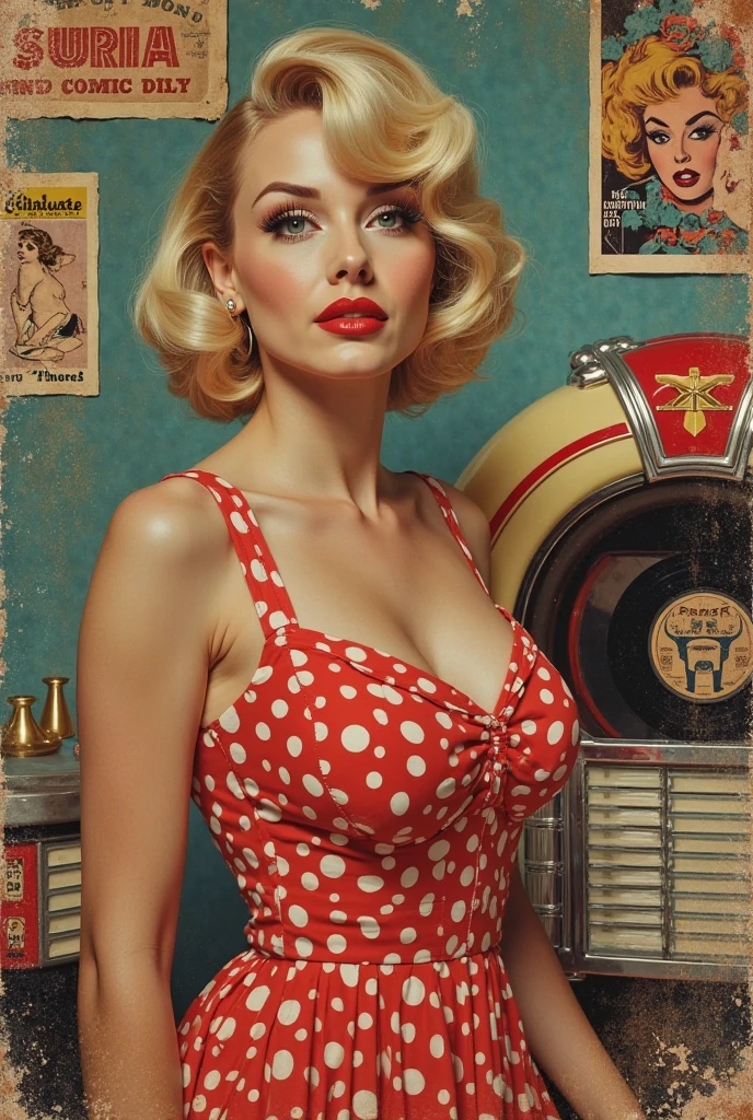 Collage works, collage Material, retro poster.
Highest quality, high resolution, masterpiece,
Super beautiful girl, long false eyelashes, makeup, short blonde ponytail, big breasts,
A classic polka dot swing dress that was popular in the 1950s and 1960s,
Behind the woman is a jukebox surrounded by small records and American comic book clippings.
Aged, old paper posters, faded posters.