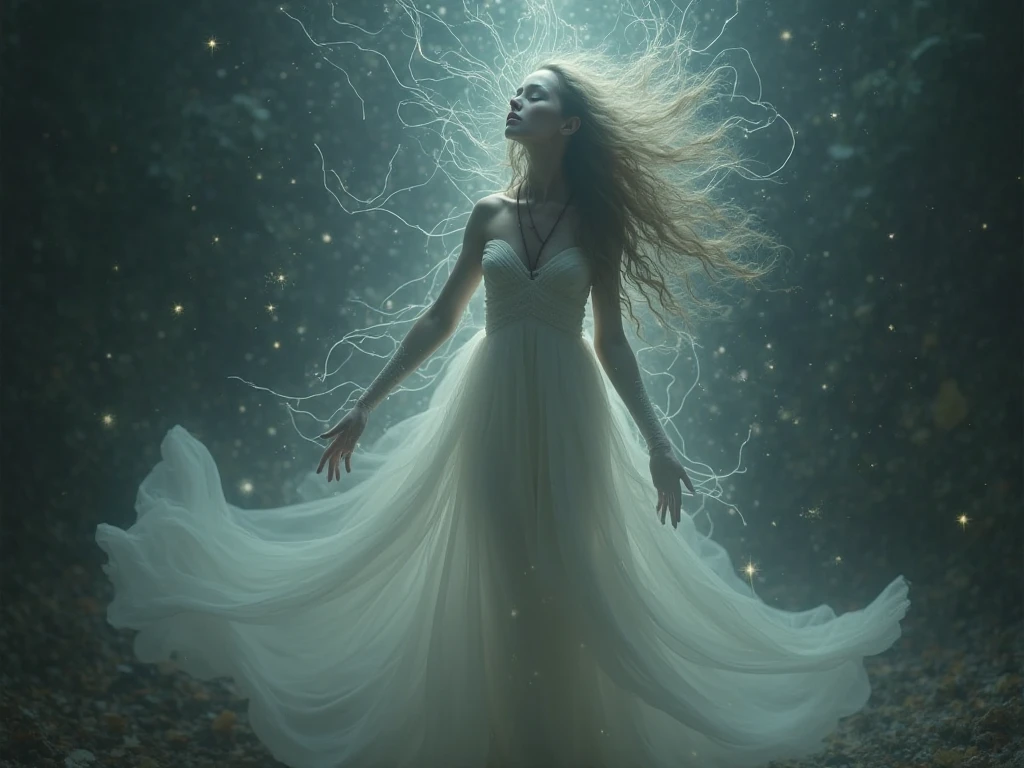 A woman’s astral body struggling against invisible forces pulling her away from her physical form. She is wearing a flowing white dress, symbolizing purity and vulnerability. Her expression is full of fear and exhaustion. Spiritual cords stretch from her body, starting to fray, while her body glows faintly. The atmosphere is dark and surreal, with subtle mystical energy around. Ultra-realistic, high definition, dreamlike ambiance.
