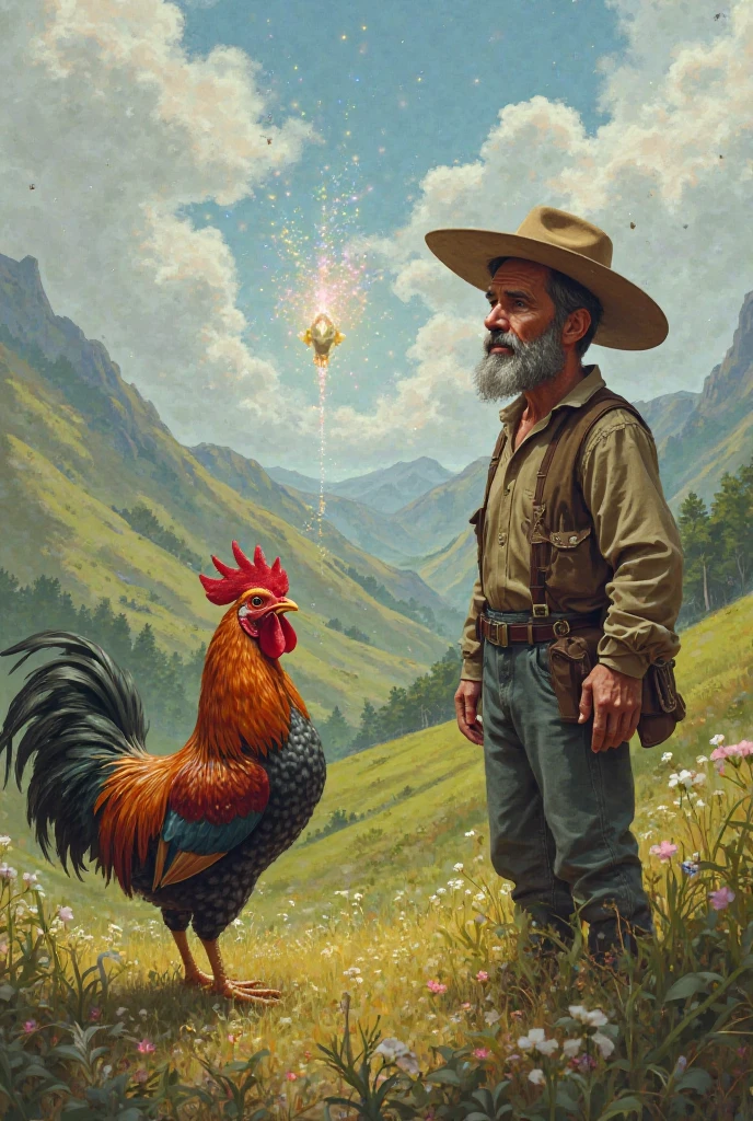 "A beautiful chicken comes to the farmer with a shining seed in its beak. The farmer looks on in amazement."