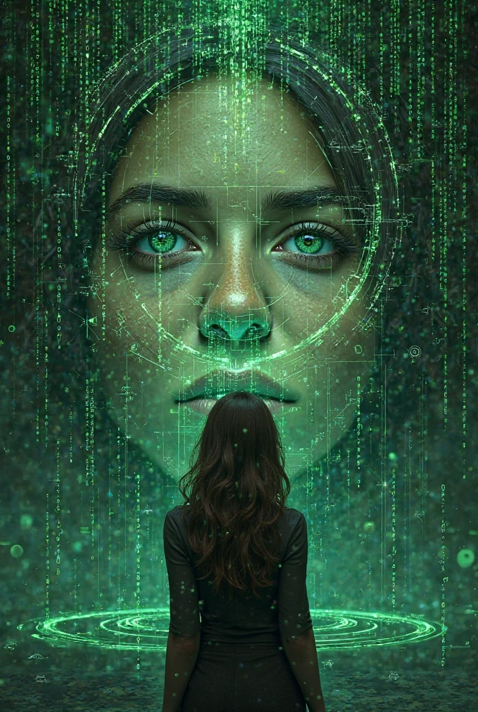 Plan of the man with matrix on background for the next life plot of woman with light brown hair and green eyes