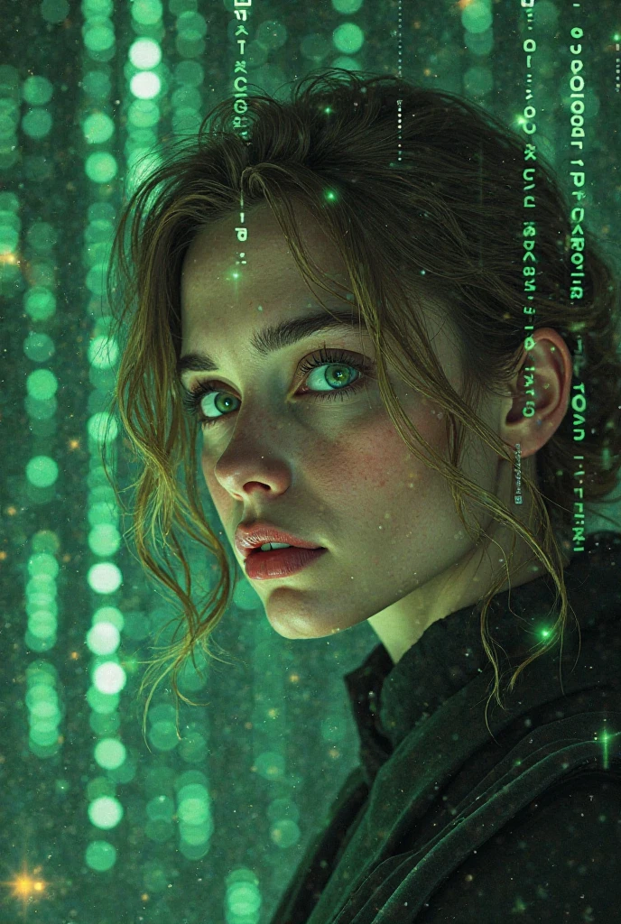 Plan of the man with matrix on background for the next life plot of woman with light brown hair and green eyes