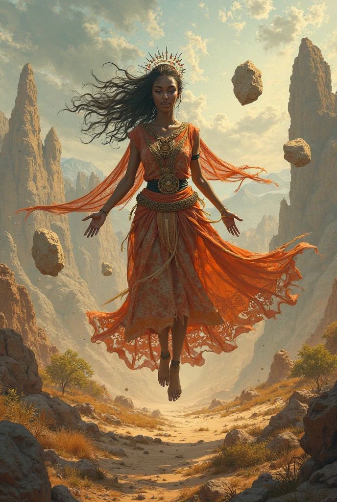 A magic-looking female sorcerer with waving fabric bands, dressed in African-inspired patterns, meditating over floating stones in a wide, dry scrubland. Guardians of Tamale; Ghana