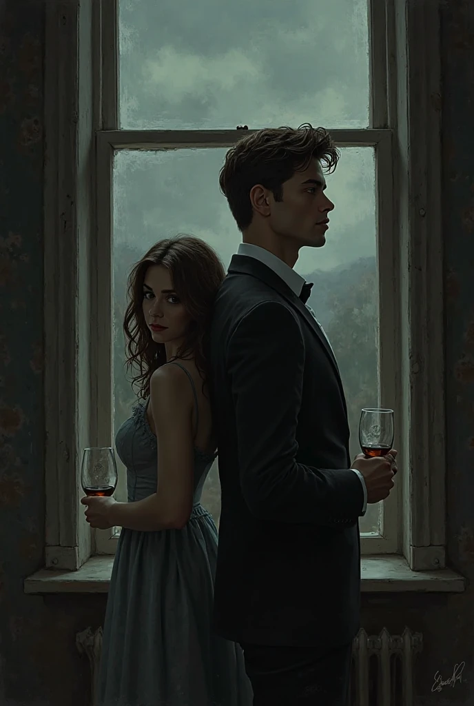 Handsome man looking outside his window holding a glass with brandy and beautiful sad woman standing behind his back with wavy brown hair