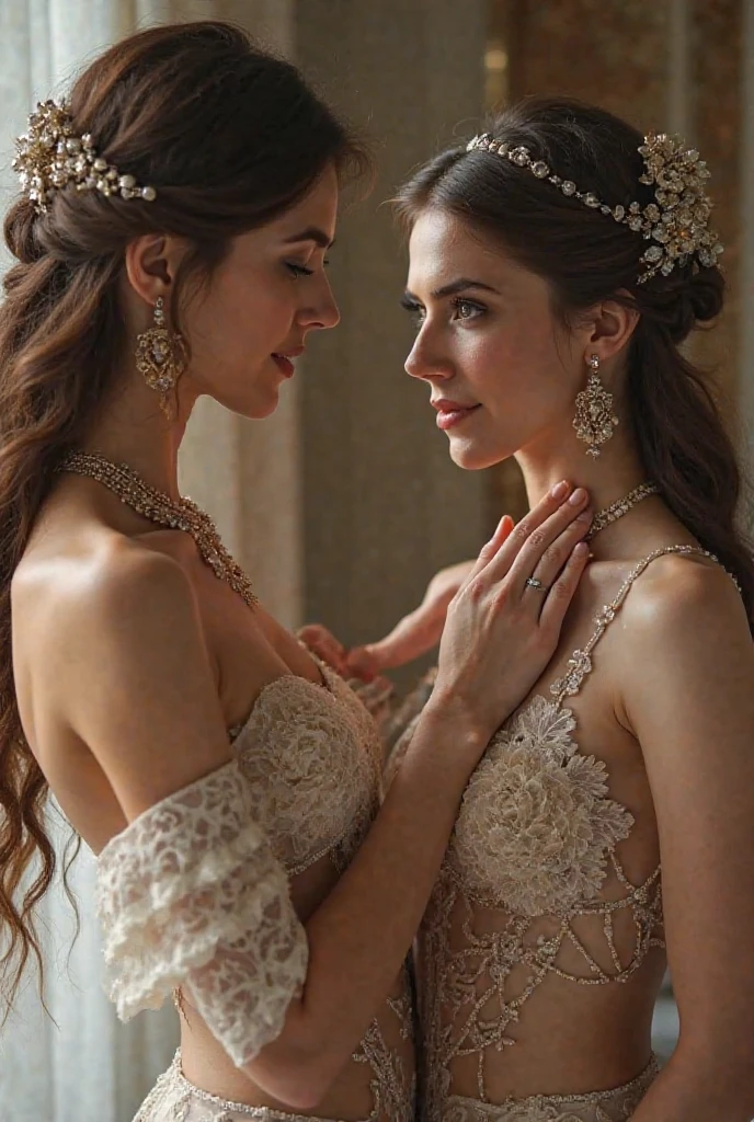 (masterpiece, highest quality, official art, beauty and aesthetic), two stunning bride is deeply in love with each other, kiss