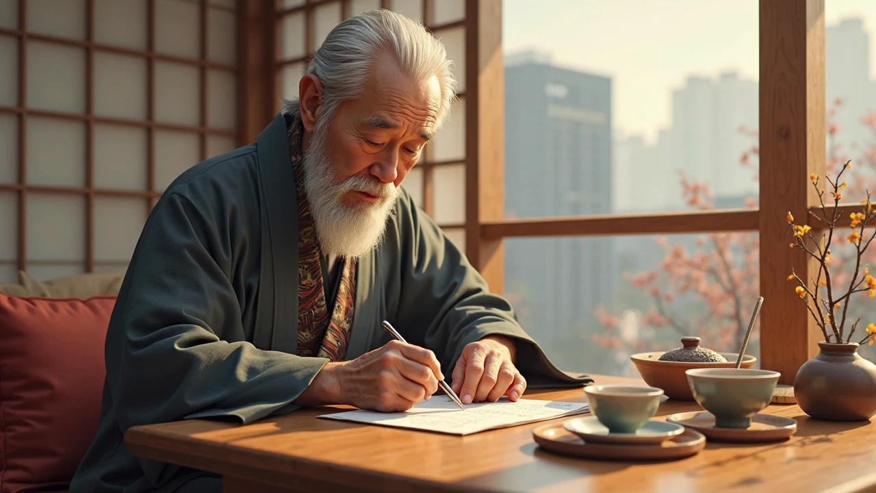 Realistic 4K scene of an elderly Japanese man going through his handwritten schedule at a Tokyo breakfast table