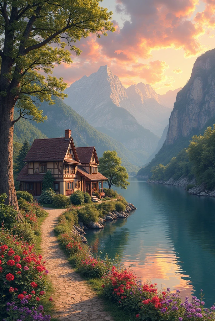 A small town by the river, Mountains in the background, Colorful flowers, Detailed landscape, Beautiful Natural Scenery, Atmospheric lighting, blazing sunset,  warm color , Practical and Photographically Practical, Detailed leaves, Complex buildings , Gravel path , charming country house, Swirling Brilliant Colors, lush greenery, quiet water reflection, picturesque, Pastoral, Work of art, top quality, 8k, of the building is very detailed, Anime Styling