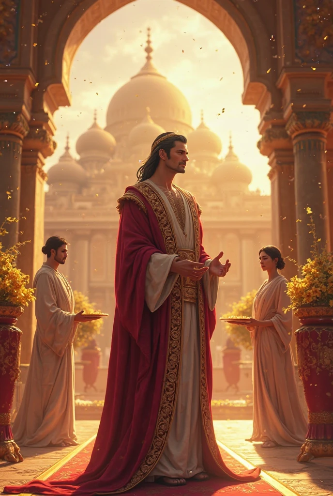  A stunning anime-style cinematic scene introducing Qarun (Korah) as a powerful, wealthy man. He stands at the center of a luxurious courtyard, surrounded by golden treasures, silk-draped columns, and ornate vases overflowing with jewels. Qarun is depicted as a tall, regal man with sharp Middle Eastern features, long dark hair tied in a gold-threaded ribbon, wearing a flowing royal robe of deep crimson and gold embroidery. His posture is proud, chin slightly raised, with a subtle smirk of arrogance. Servants in ancient garments bow around him, holding trays of gold. Warm, golden sunlight filters through the palace arches, casting elegant shadows. In the distance, his massive palace looms with domes and spires, showing his dominance. The mood is grand, elegant, and slightly ominous—reflecting a man at the peak of power, unaware of his downfall. The animation style mimics that of a top-tier anime studio, with rich color grading, soft cinematic depth of field, and floating dust particles in the light