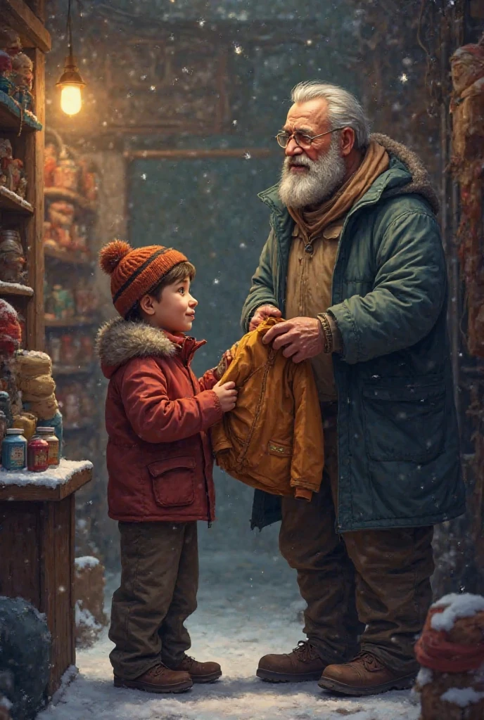 Poor Father buying warm jacket for his son from shop